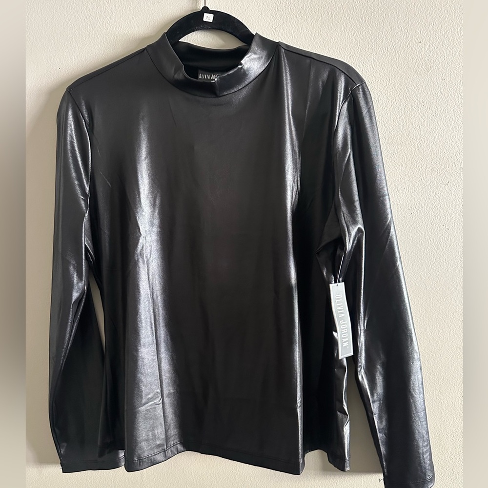 Olivia Jordan Black Faux Leather Long Sleeve Top Size L NWT